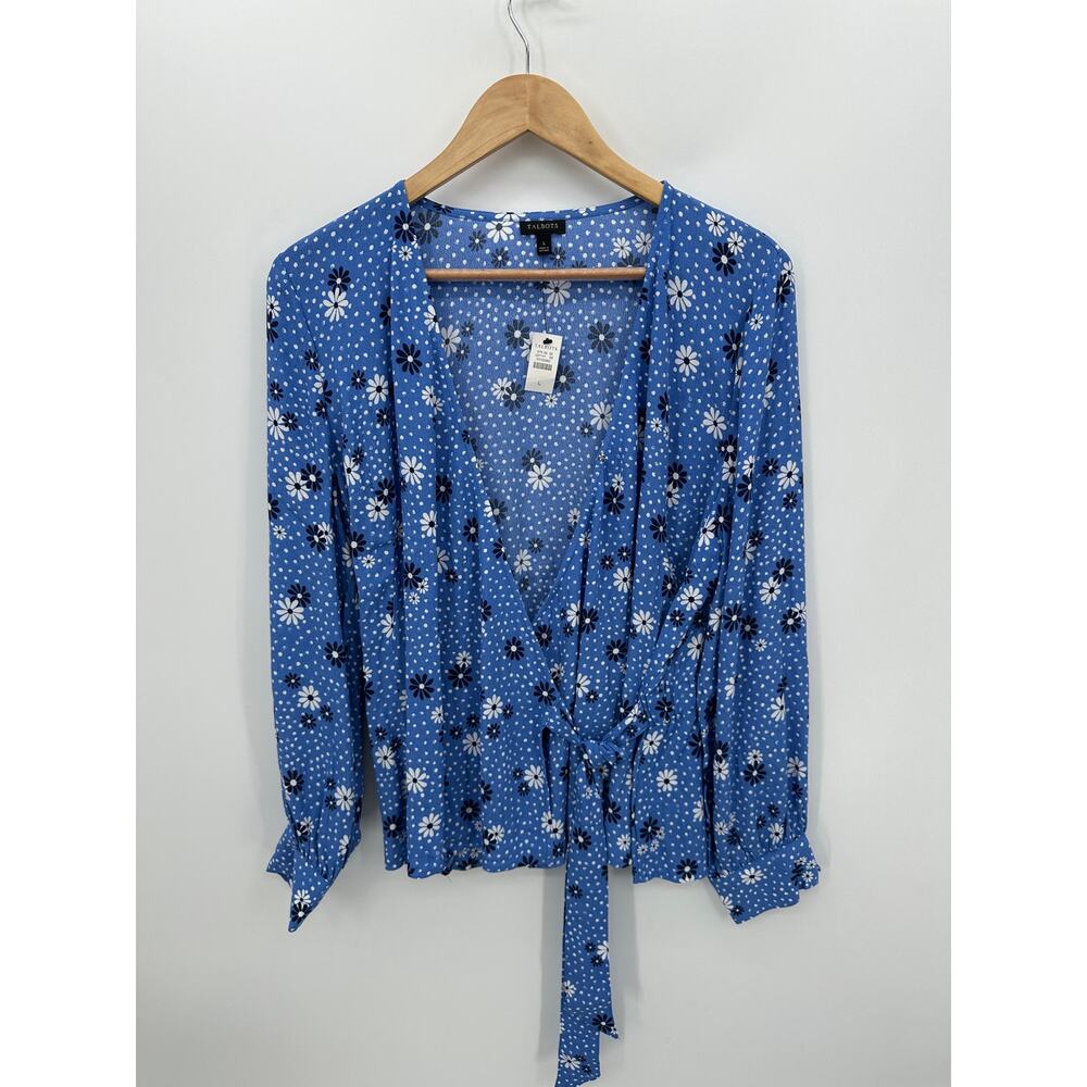 Talbots Floral Polka Dot Blue Wrap Top Women Sz L Career Office Feminine NWT